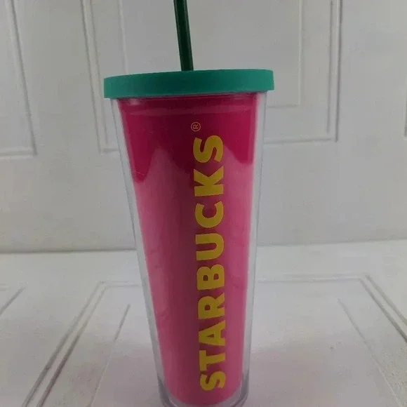 Starbucks 2014 Pink and Green top and Straw with Yellow Starbucks Letters 24 Oz. - Picture 8 of 8